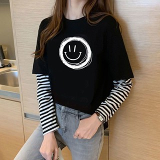 Luzi🎀超火ins長袖T恤女秋季新款韓版學生寬鬆條紋拚接假兩件打底上衣長袖上衣女素T內搭上衣女
