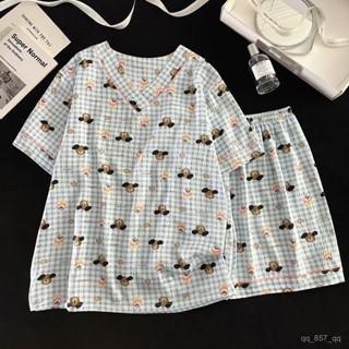 臺灣出貨 涼感睡衣 韓國家居服 睡衣女 棉質睡衣 雲朵棉睡衣 居家服 夏天睡衣 短袖睡衣 V領睡衣 可愛睡衣 睡衣套裝