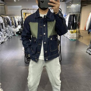 美式工裝外套男 牛仔夾克男 春秋男士拼接撞色休閒翻領夾克 水洗潮流文藝牛仔外套男【E.S男裝】C2