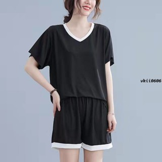 大尺碼 家居服 睡衣套裝 冰絲睡衣套裝 兩件式睡衣套裝 女裝睡衣女夏薄款寬鬆短袖短褲居家服二件套裝 vk