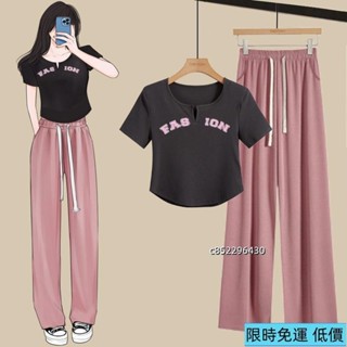 免運💖單/夏季新款時尚套裝女設計感短版上衣短袖T恤+冰絲寬褲兩件套