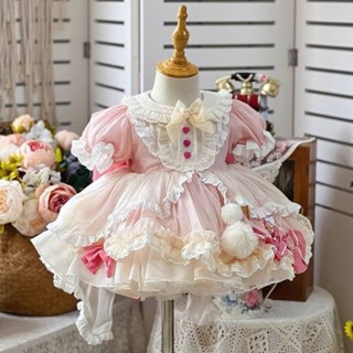 限時免運🌸網紅女童蘿莉塔粉色蓬蓬公主裙短袖週歲女兒童禮服洋裝宮廷風洋裝