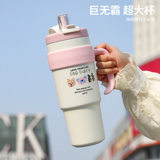 卡通巨無霸吸管保溫杯大容量汽車杯男女大水壺帶吸管陶瓷保冷冰霸咖啡保溫杯 隨身杯 隨行杯 吸管杯 水壺