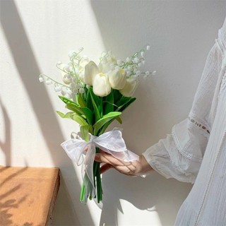 永生花🎀 仿真花 ins模擬白色鬱金香鈴蘭手捧花假花新娘結婚婚禮領證花束拍照道具 攝影道具 新娘捧花