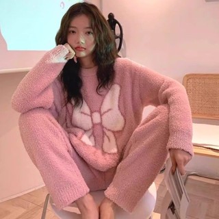 【現＋免運】臺灣出貨 甜美蝴蝶結毛絨2024冬季睡衣女套裝新款珊瑚絨保暖加厚學生家居服
