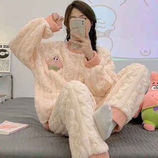 (典藏私櫥)法蘭絨睡衣套裝圓領套頭簡約冬季 韓國睡衣 卡通睡衣 加絨保暖加厚寬鬆韓版ins珊瑚絨 家居服女白色睡衣套