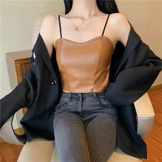 辣妹吊帶小背心 上衣 背心 打底衫 內搭 辣妹pu皮衣吊帶小背心女秋季短款打底衫上衣ins 正韓服飾 日係衣服 夏天衣服