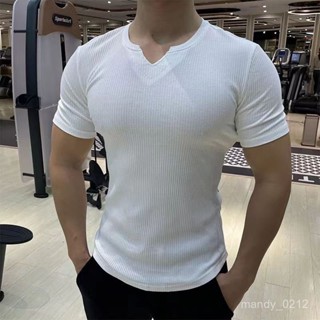 [夏季速幹]V領緊身衣男條紋質感運動跑步健身服籃球訓練修身T恤夏季薄款短袖 QZUN