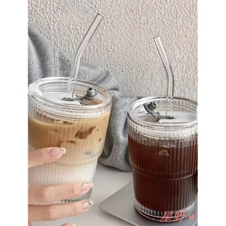 ✨星野熱銷🛍1個豎條紋玻璃杯冰咖啡杯復古透明水茶牛奶杯;杯蓋顏色隨機