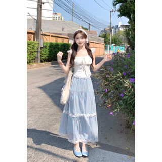 北部出貨免運 夏季新款超仙日系甜美風小飛袖上衣蕾絲花邊碎花半身裙長裙兩件套女生裙子 夏季半裙