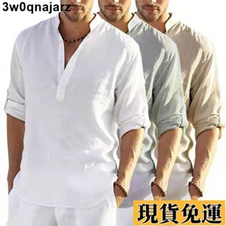 🌷限時低價🌷 男上衣短袖襯衫男裝夏季透氣 男士休閒棉麻襯衫 立領青年長袖亞麻超薄款寬鬆白襯衣 ins 簡約款 4YM