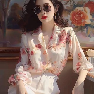 免運🌸輕奢小眾粉色碎花防曬襯衫新款復古港風chic洋氣高階別緻小衫 長袖襯衫 女生襯衫 休閒襯衫 防曬衣 V領印花上衣