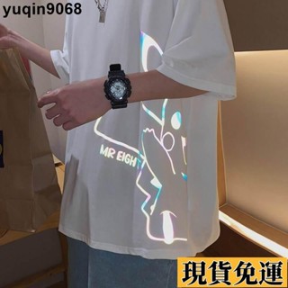 🌸臺出免運🌸 光 短袖 T恤男 寬鬆印花港風ins情侶裝潮牌夜光皮卡丘半袖上衣 男生落肩五分袖衣服 短袖上衣 N