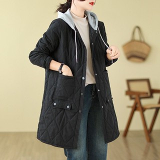 女裝外套/羽絨服/羊羔絨/棉服/皮毛一體/工裝服/新中式外套冬季中長款菱形格夾棉棉服女寬鬆大碼休閒顯瘦連帽高檔棉衣外套