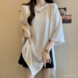 【VIVI安】女裝 特大碼女裝 寬鬆長版T恤 2-300斤特大碼亮片閃閃鏈條開叉短袖T恤女夏季新款寬鬆顯瘦上衣女