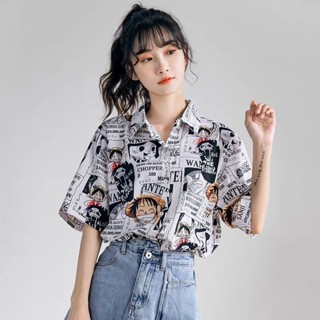 熱賣】短袖襯衫女 短袖日係海賊王動漫印花襯衫女情侶寬鬆百搭外穿女襯衣薄款女上衣顯瘦上衣 女上衣 女裝 寬鬆上衣 休閑襯衣