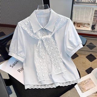 臺灣出貨 夏季女裝 短袖T恤襯衫女2025夏季新款爆款蕾絲拼接Polo領正肩顯瘦短袖上衣高階感 短袖t恤女