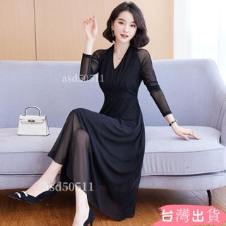 實拍 媽媽禮服 媽媽洋裝 長袖洋裝 春秋網紗連衣裙女長袖2022新款大碼 長款收腰顯瘦氣質洋氣裙子asd50511