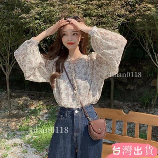 臺灣出貨💞春秋韓版新款時尚碎花V領荷葉邊寬鬆中長款長袖雪紡衫上衣女tihan0118