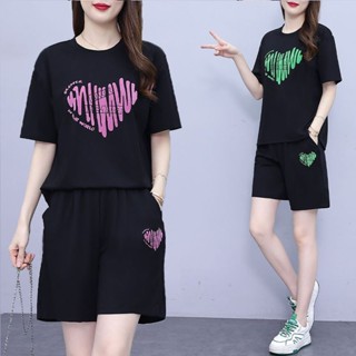 🍓臺灣出貨🍓夏季新款休閑時尚套裝大碼女裝印花上衣短褲運動服兩件套女