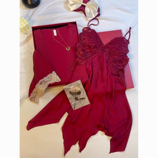 臺灣出貨結婚禮物送新人新婚禮品新娘閨蜜訂婚性感紅色冰絲睡衣精美禮盒裝 IUYY
