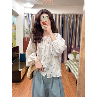 套裝/單件秋季法式小清新長袖圓領碎花襯衫+藍色少女闊腿褲兩件套 大尺碼襯衫女 短袖襯衫 短袖上衣 氣質穿搭 韓版襯衫
