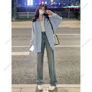 🔥臺灣發貨🔥免運高階感藍色POLO領長袖襯衫外套女秋季寬鬆休閒開衫襯衣中長款上衣