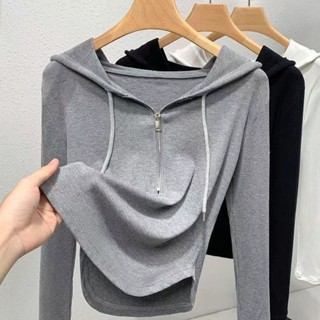 【四季服飾】春秋季薄款T恤韓版百搭修身顯瘦半拉鏈連帽長袖上衣女