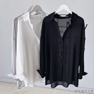 [塔塔·販賣美麗、新品促銷]襯衫 Ins美式涼感透膚雪紡防曬襯衫長版上衣oversize夏日穿搭防曬衣大尺碼女裝 109