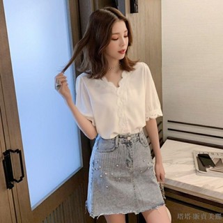 [塔塔·販賣美麗、新品促銷]43%回購率夏季新款韓版時尚氣質短袖上衣小眾蕾絲襯衫雪紡襯衫女白色襯衫法式雪紡雪紡長袖女裝設