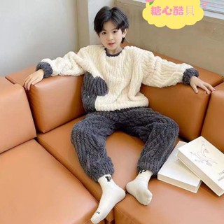 【免運特賣】[秋冬新品]男童套裝兒童長袖套裝男童秋冬季睡衣珊瑚絨加厚款法蘭絨男孩中大童套頭兒童家居服套裝中大童童裝套裝上