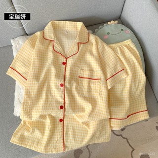 綺夢織語🌙 【店鋪熱銷】黃色格子睡衣女夏季雲朵棉短袖短褲美少女學生卡通可愛家居服套裝睡衣 夏季睡衣