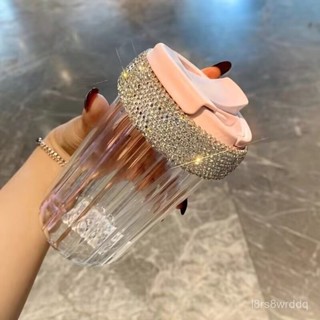 交換禮物-高顔值玻璃咖啡杯輕奢鑲鑽家用吸管杯便攜水杯跨境熱賣廠家直銷