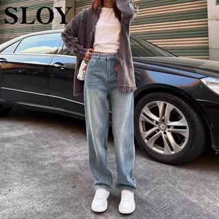 闊腿牛仔褲 牛仔寬褲 高腰顯瘦 韓係寬鬆 SLOY加絨窄版闊腿牛仔褲女春季小個子高腰百搭寬鬆顯瘦直筒褲 丹寧寬褲 透氣不