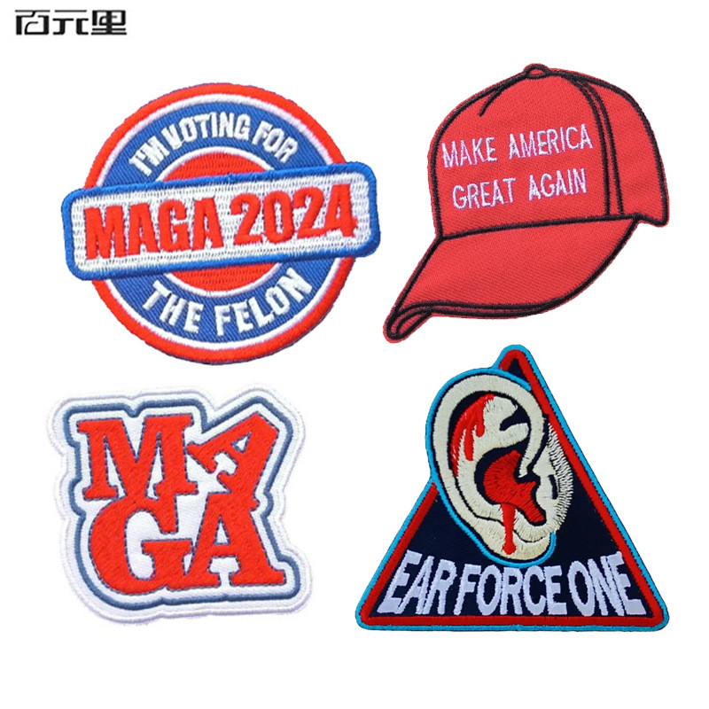 桃園出貨-美國大選2024紅帽子MAGA2024刺繡布貼 EAR FORCE ONE耳朵魔鬼氈章魔鬼氈臂章 士氣魔鬼氈