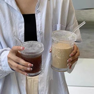 心頭好果汁杯咖啡杯北歐ins風複古浮鵰太陽花水杯帶蓋吸管玻璃杯冷飲杯