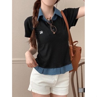 Codibook｜韓國 gifteabox 個性刺繡格紋拼接式短袖POLO衫［預購］短袖上衣 polo-shirt 女裝