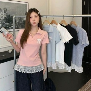 🚚好財運 熱銷 免運大碼女裝polo短袖T恤夏季蕾絲蝴蝶結女夏設計胖MM遮肉顯瘦上衣