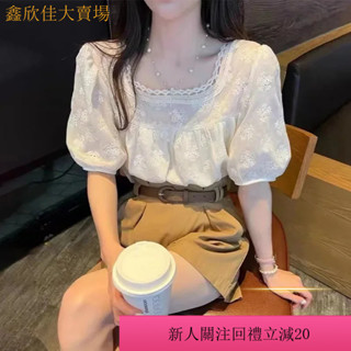 桃園出貨娃娃衫女夏雪紡襯衫設計感小眾寬鬆遮肚子短款方領泡泡袖上衣韓版春夏秋時尚氣質簡約顯瘦親膚舒適臺灣賣家臺灣發貨 JO