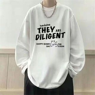 【XIU】♘M-8XL 男士長袖T恤夏季薄款寬鬆上衣青少年學院風上衣秋季圓領體恤打底衫長