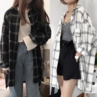 S-XL👗長袖格子襯衫👗休閒襯衫 正韓上衣 格子上衣女夏季韓版寬松百搭學生bf長袖中長款防曬薄外套 女生衣著