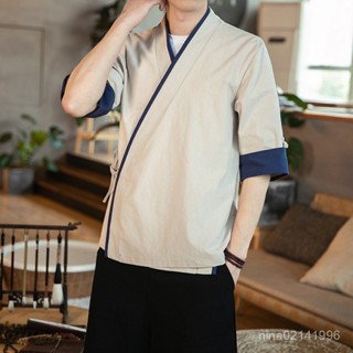 【棉麻男裝】💖夏季漢服男五分袖短款風衣民族風居士服茶服中袖中國風披風開衫