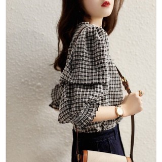 💞女襯衫 格子上衣 襯衫短袖 法式上衣 短板襯衫 新款格子別緻小上衣chic港味短袖法式短版襯衫女