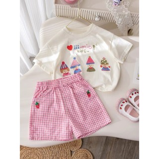 Mimo⭐女童套裝夏季韓版印花短袖T恤田園風草莓刺繡短褲兩件套