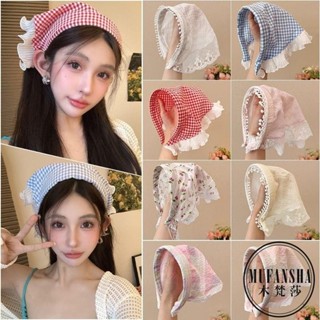木梵莎【限時特價】田園風蕾絲髮箍新款高爐頂三角巾頭箍法式復古格子甜美可愛頭巾髮飾女