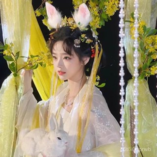 臺灣出貨兔耳朵髮飾新年髮夾毛球流蘇原創漢服可愛兒童冬古風邊夾cos頭飾 4OGX