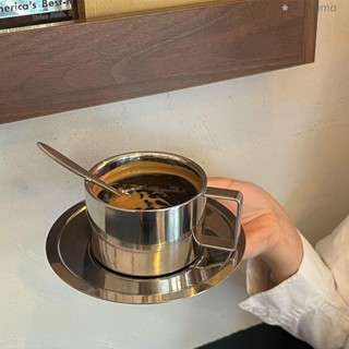 不銹鋼杯 咖啡杯 隨手杯 馬克杯 小眾ins風不銹鋼咖啡杯子下午茶冰美式拿鐵咖啡杯碟套裝復古精緻