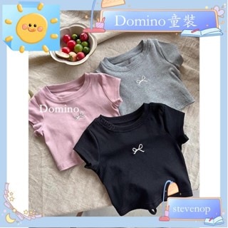 Domino童裝✨女童素色短版露背T恤女童甜美蝴蝶結純棉緊身短袖上衣2563