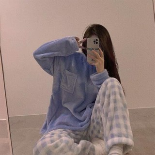 ✨臺灣出貨✨ 睡衣 女裝 冰絲睡衣 睡衣套裝 涼感睡衣 珊瑚絨睡衣女冬天韓國ins簡約V領小外套法蘭絨刷毛加厚家居服可外