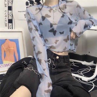 臺灣出貨CHIC FLORA✨韓版ins原宿風蝴蝶網紗防曬罩衫T恤女夏季辣妹短款透視長袖上衣潮